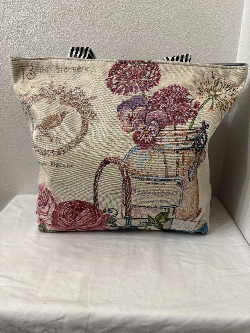 Floral Tapestry Tote Bag | Striped Handles | Zip Top | Boho Cottagecore | NWOT - Picture 1 of 6